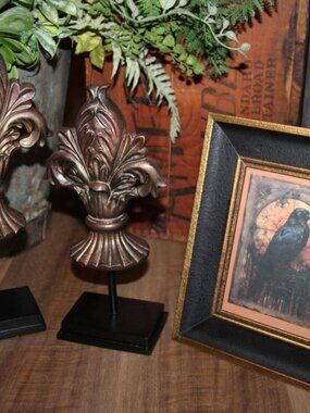 Dark Moody French Fleur De Lis Pair & Framed Black Crow Raven Bird Picture